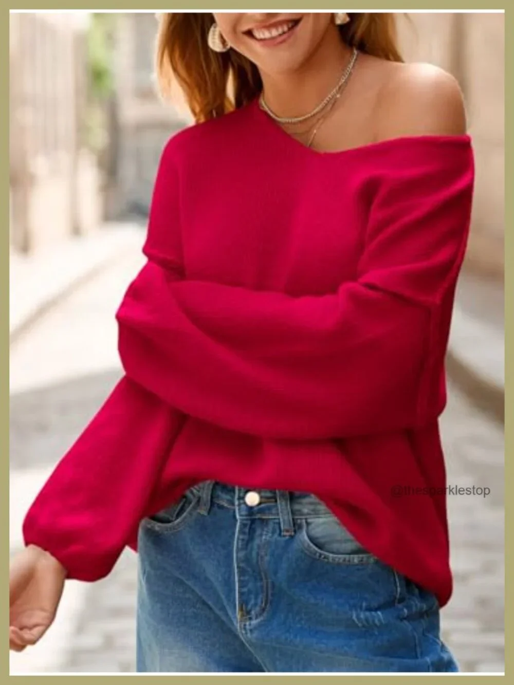 Women's Oversized V-Neck Chunky Lantern Sleeve Knit Pullover Sweater Tunic